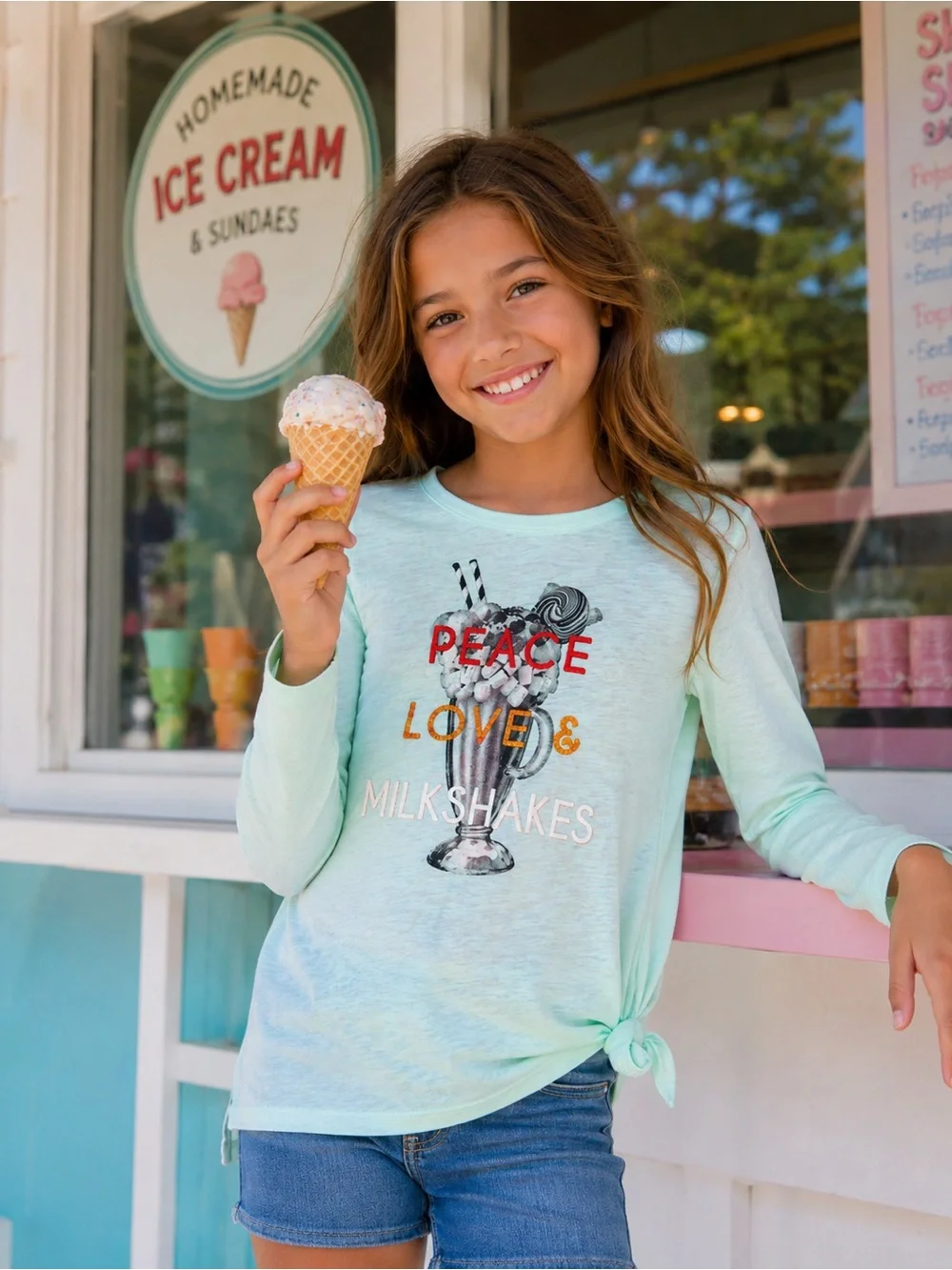 EPIC THREADS Girls Mint Green Tunic Tee Peace Love Milkshakes Long Sleeve Top M